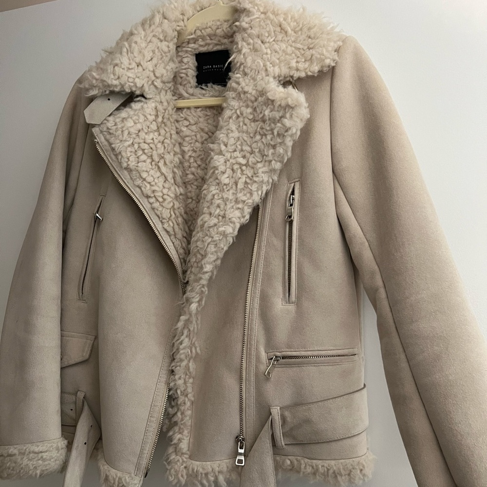 Zara Woman Jackets & Coats Zara Aviator Shearling Belted Moto Jacket